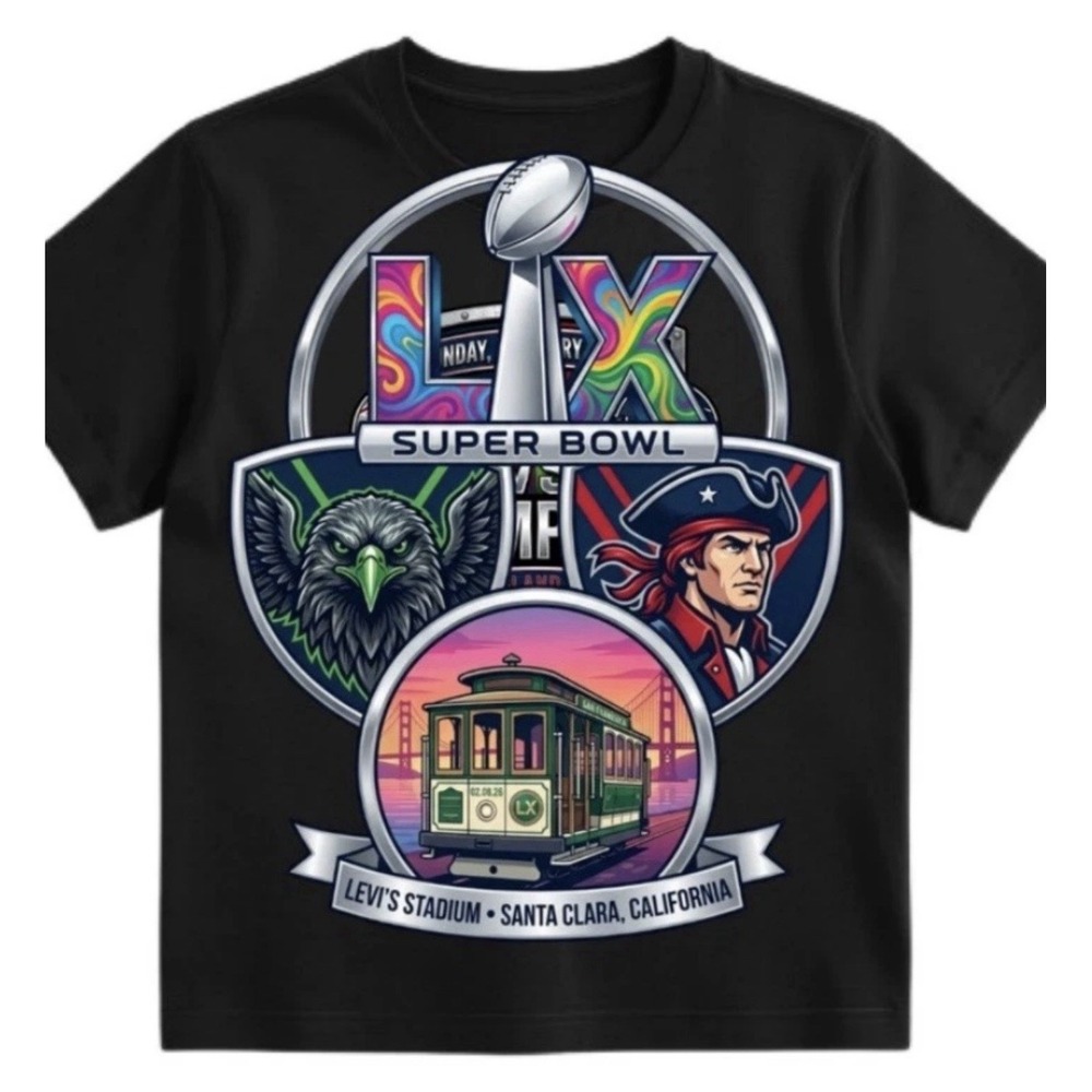 Super Bowl LX Patriots Seahawks Levi's Stadium T Shirt Blk Unisex Adult .2XL.